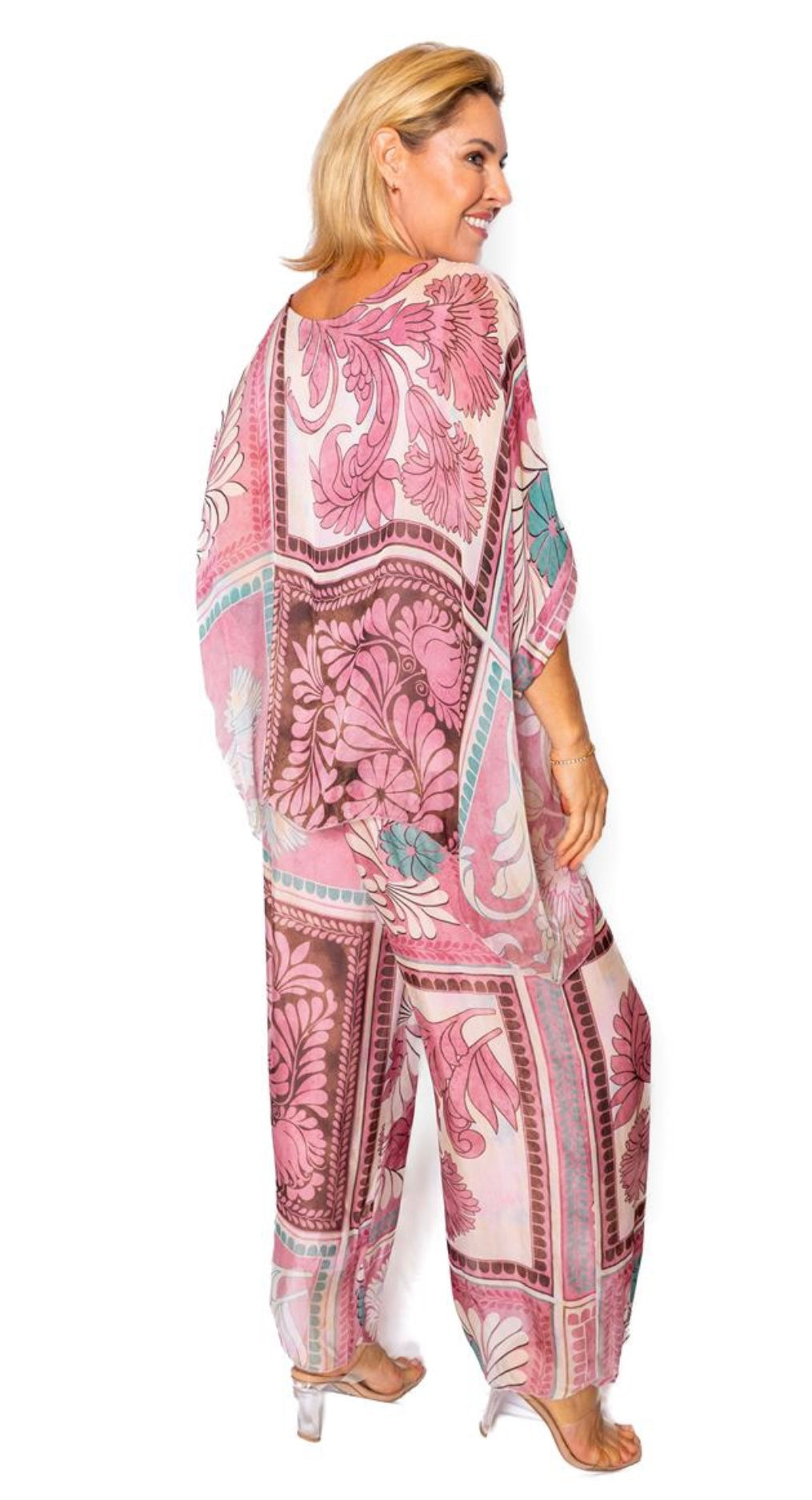 The Italian Closet Mural Pink Tile Print Batwing Silk Top