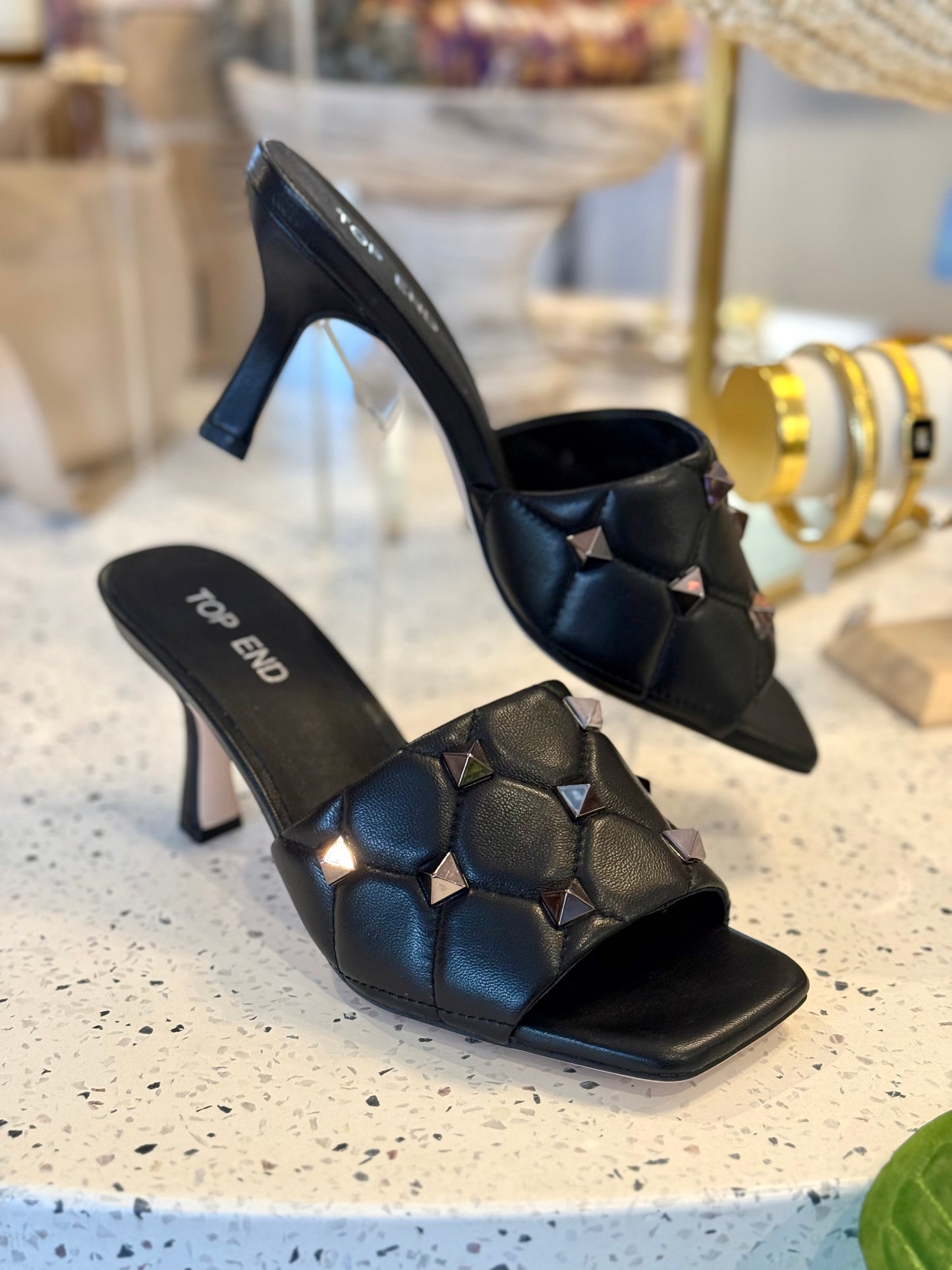 Top End Lypper Black Studded Leather Mules