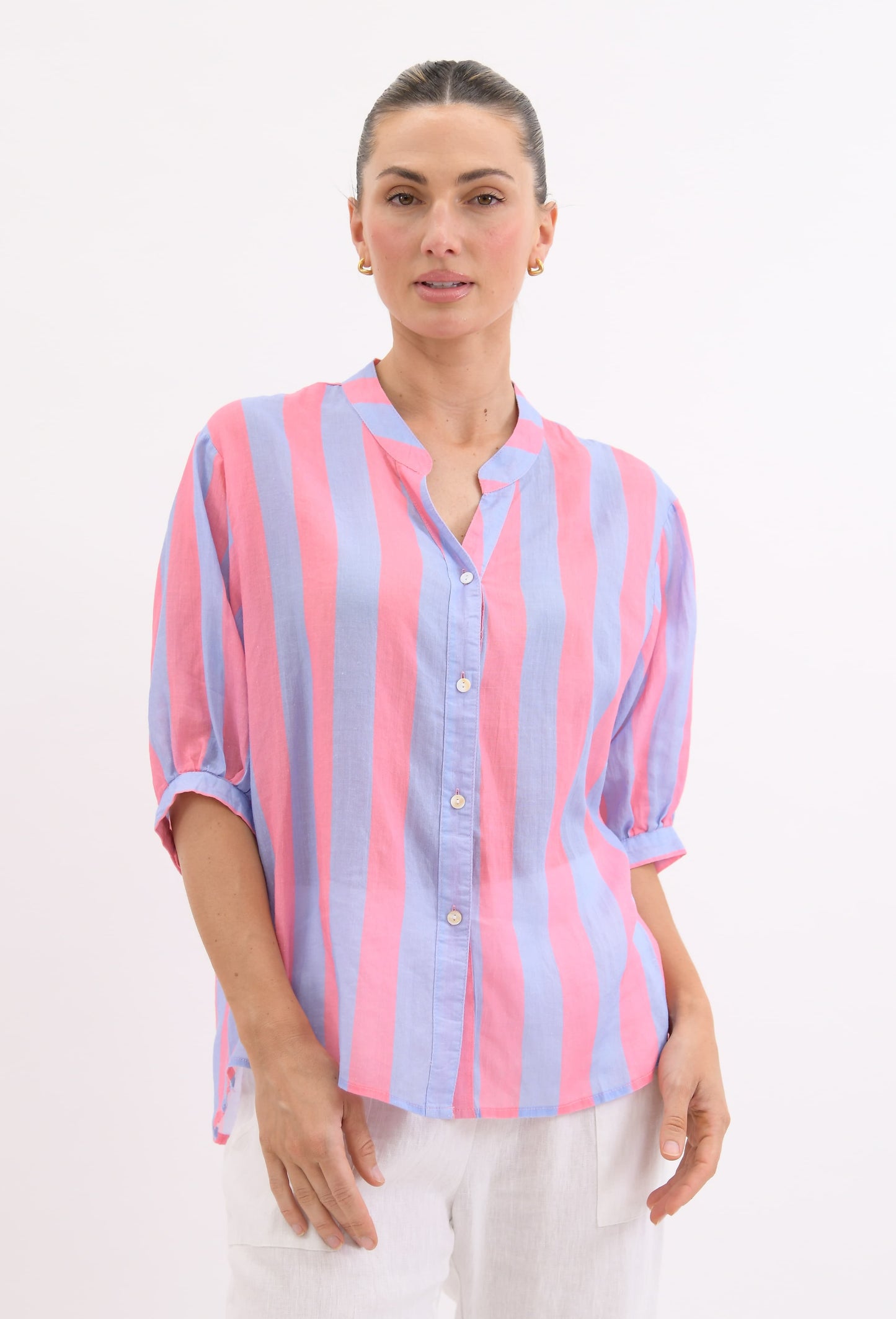 Worthier Dorothy Lilac Pink Stripe Linen Button Shirt