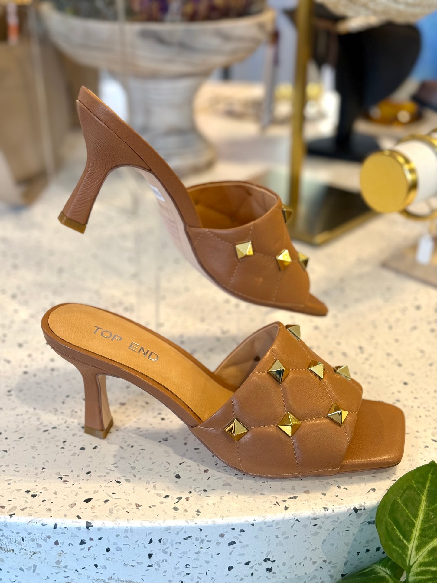 Top End Lypper Tan Studded Leather Mules