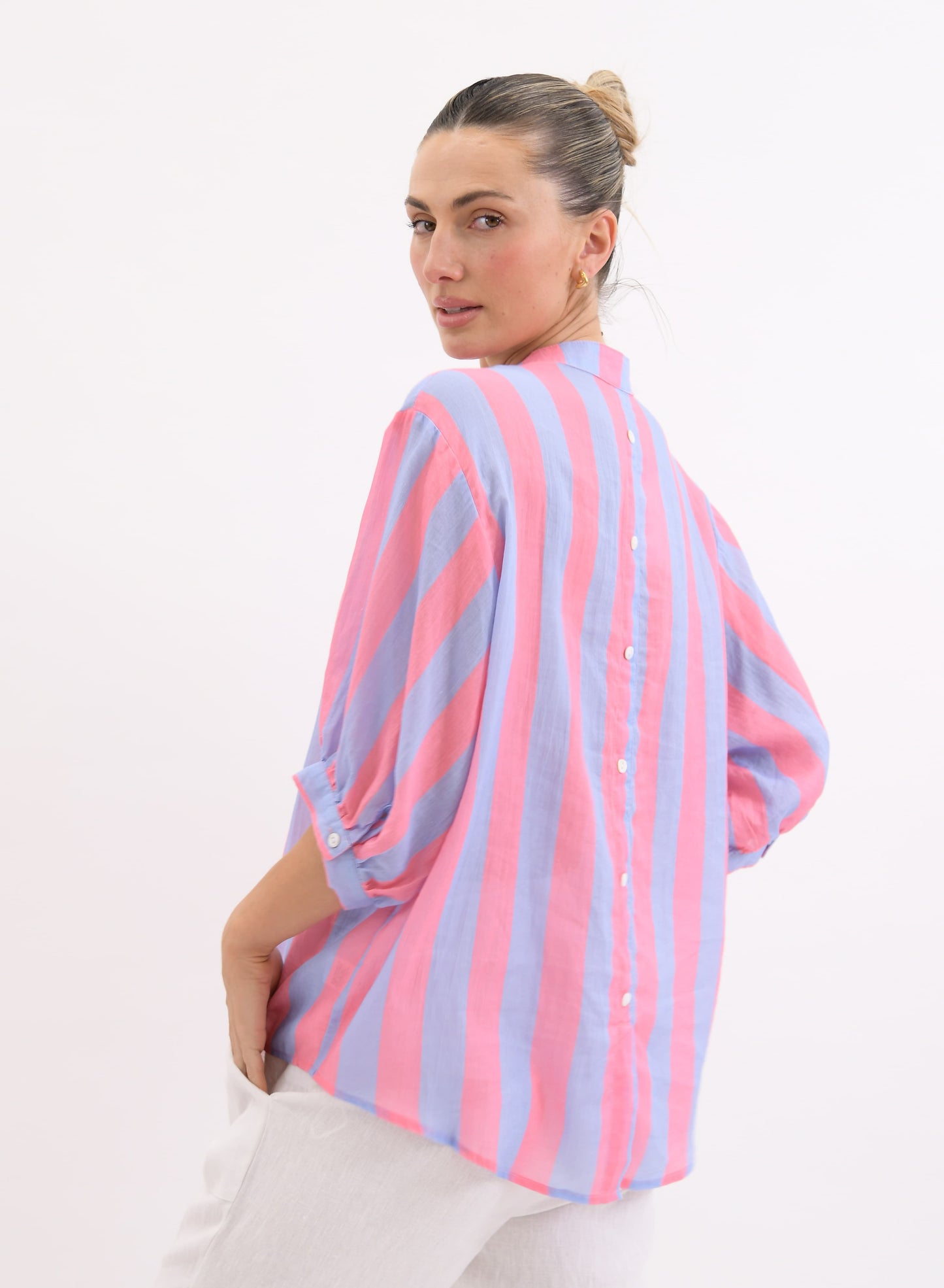Worthier Dorothy Lilac Pink Stripe Linen Button Shirt