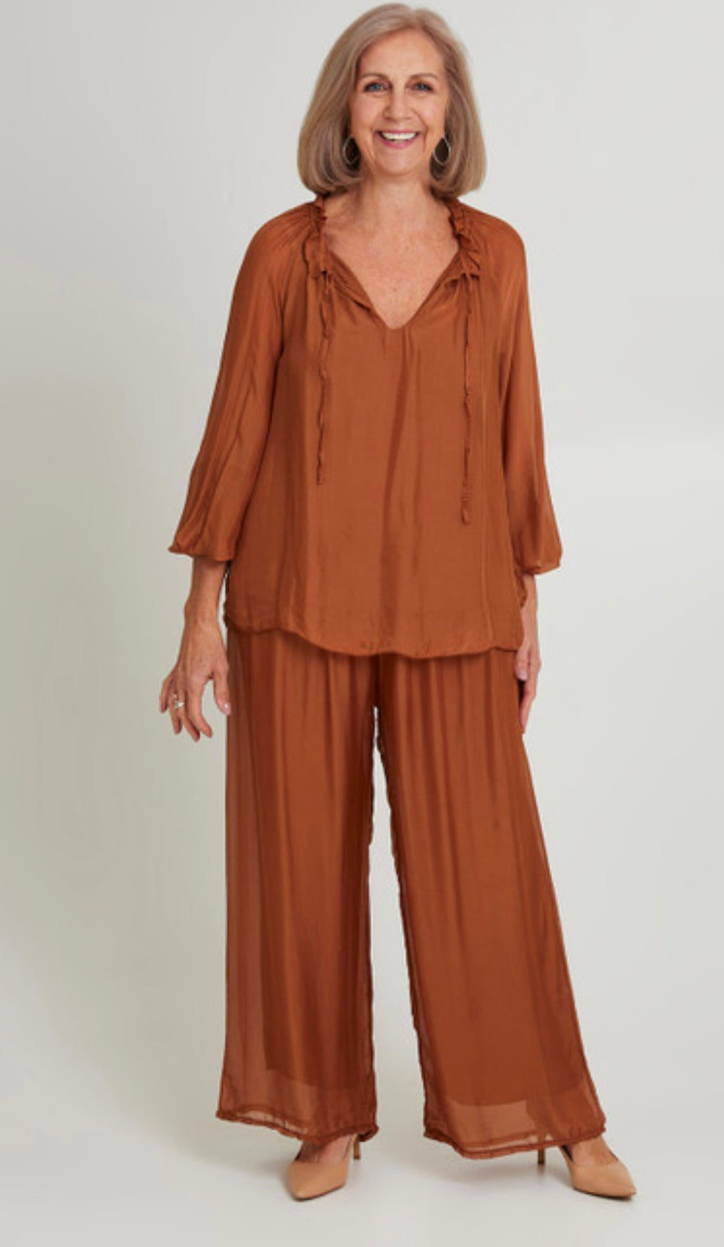 La Strada Arlette Goldy Brown Silk Pants