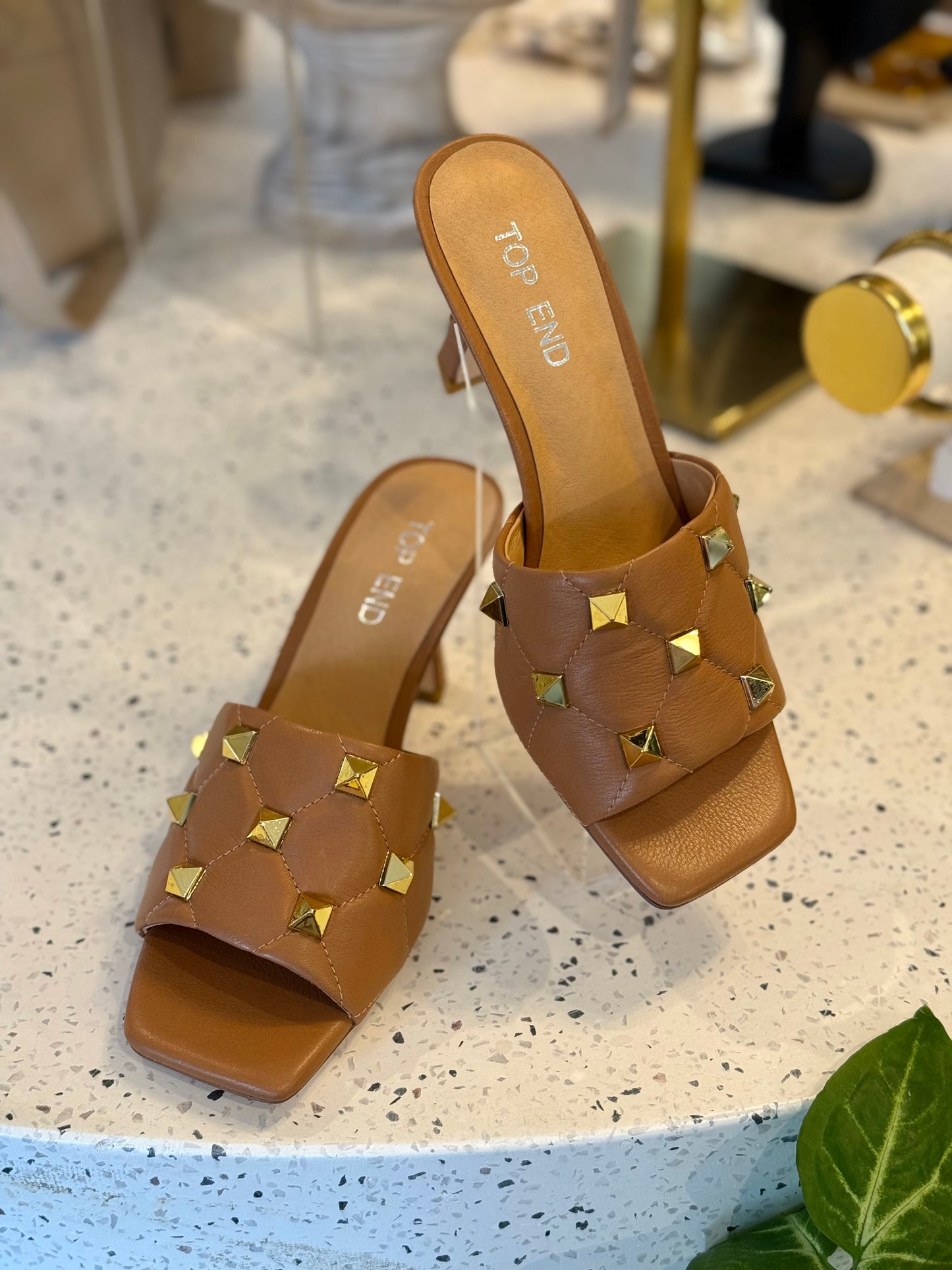 Top End Lypper Tan Studded Leather Mules