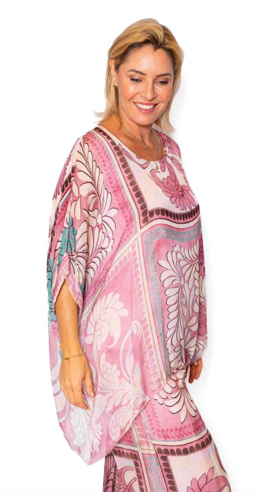 The Italian Closet Mural Pink Tile Print Batwing Silk Top
