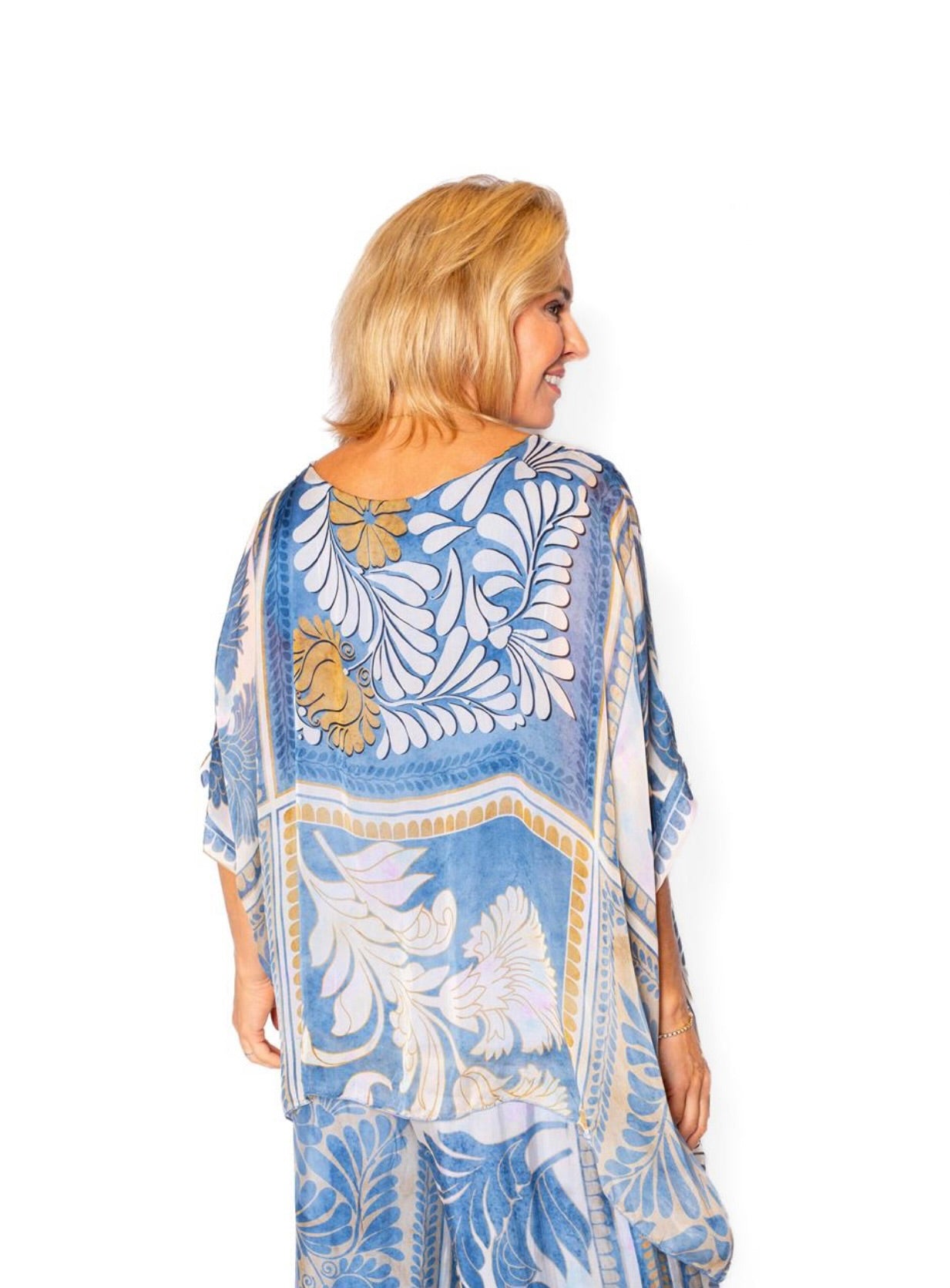 The Italian Closet Mural Denim Tile Print Batwing Silk Top