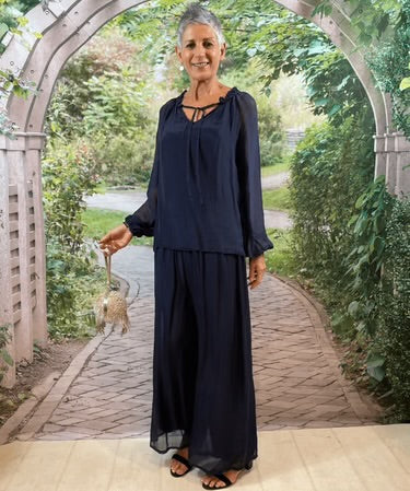 La Strada High Frill Tied Neck Navy Silk Top