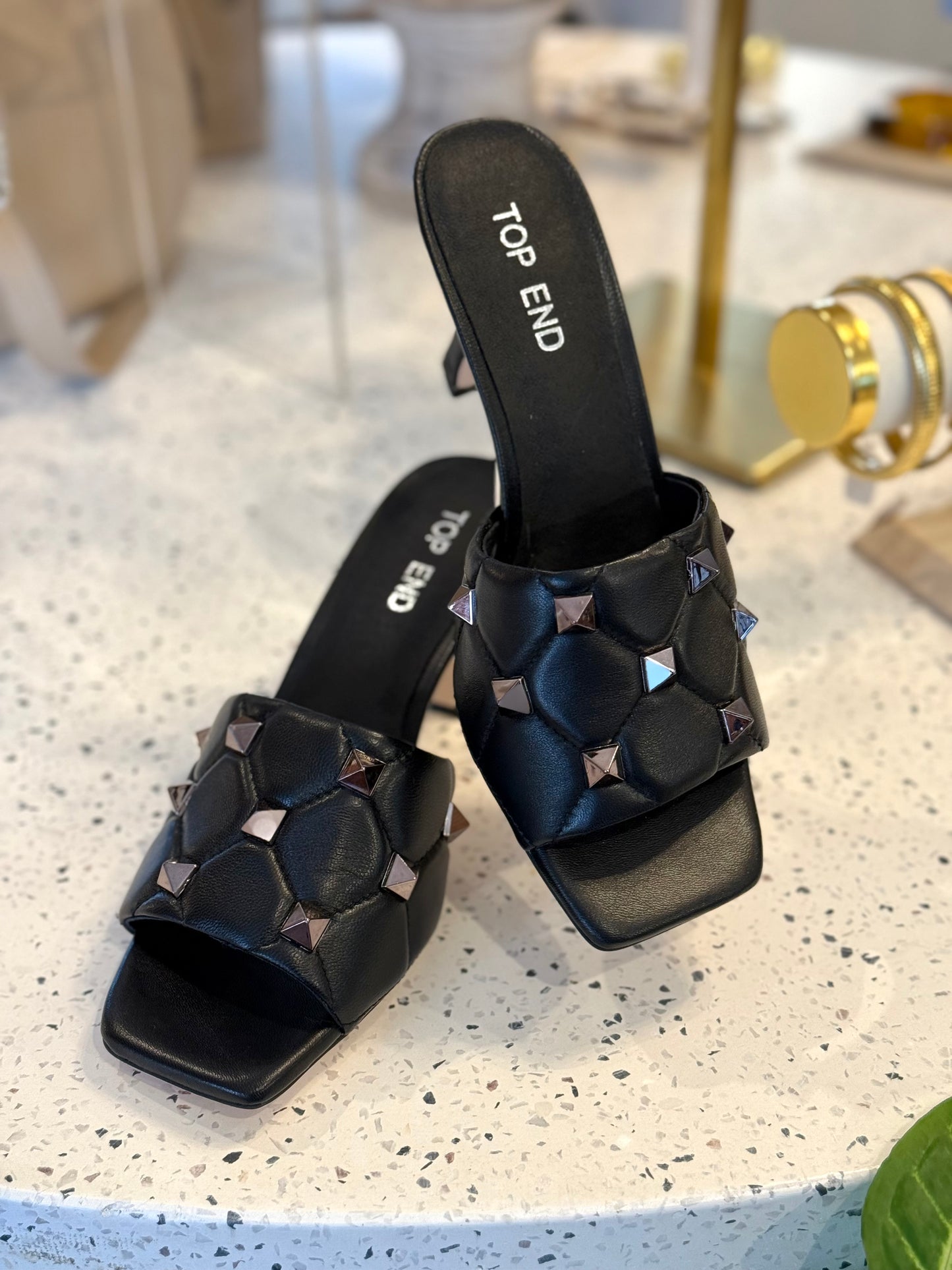 Top End Lypper Black Studded Leather Mules