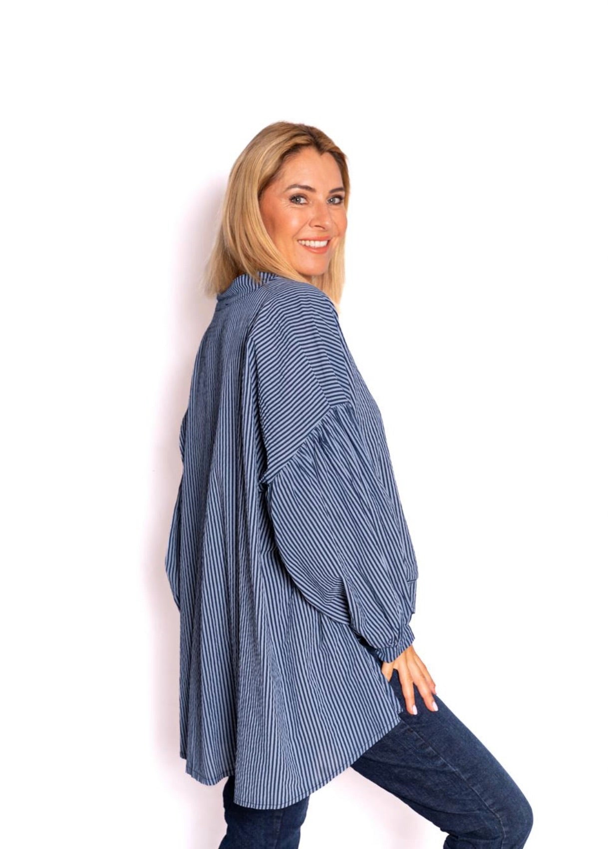 The Italian Closet Berkley Navy Ballon Sleeve Shirt