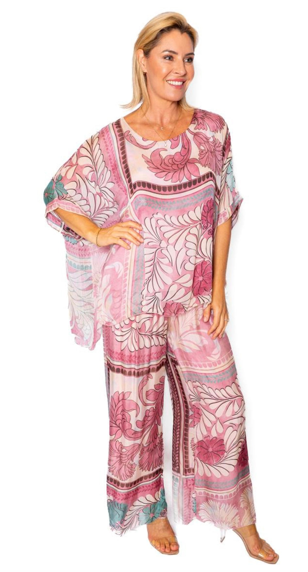 The Italian Closet Mural Pink Tile Print Batwing Silk Top