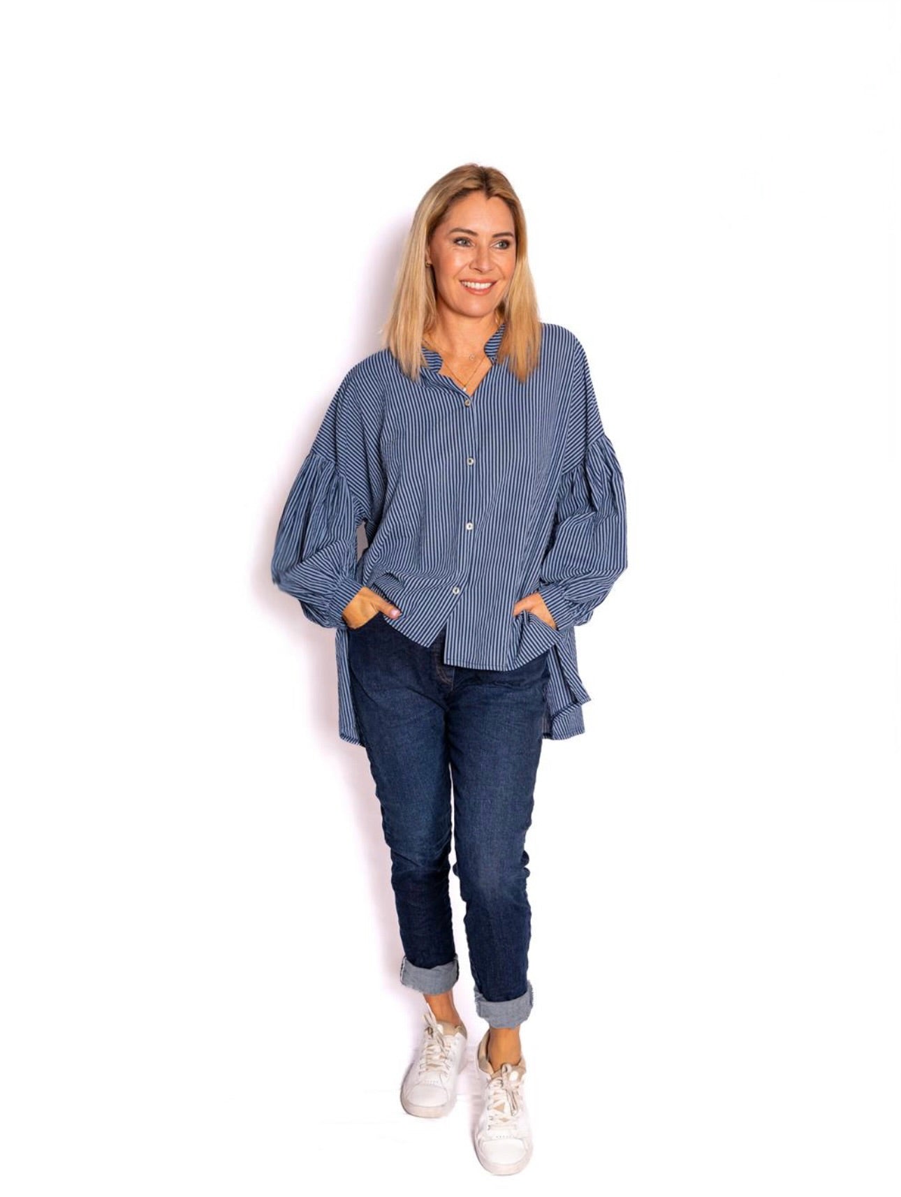 The Italian Closet Berkley Navy Ballon Sleeve Shirt