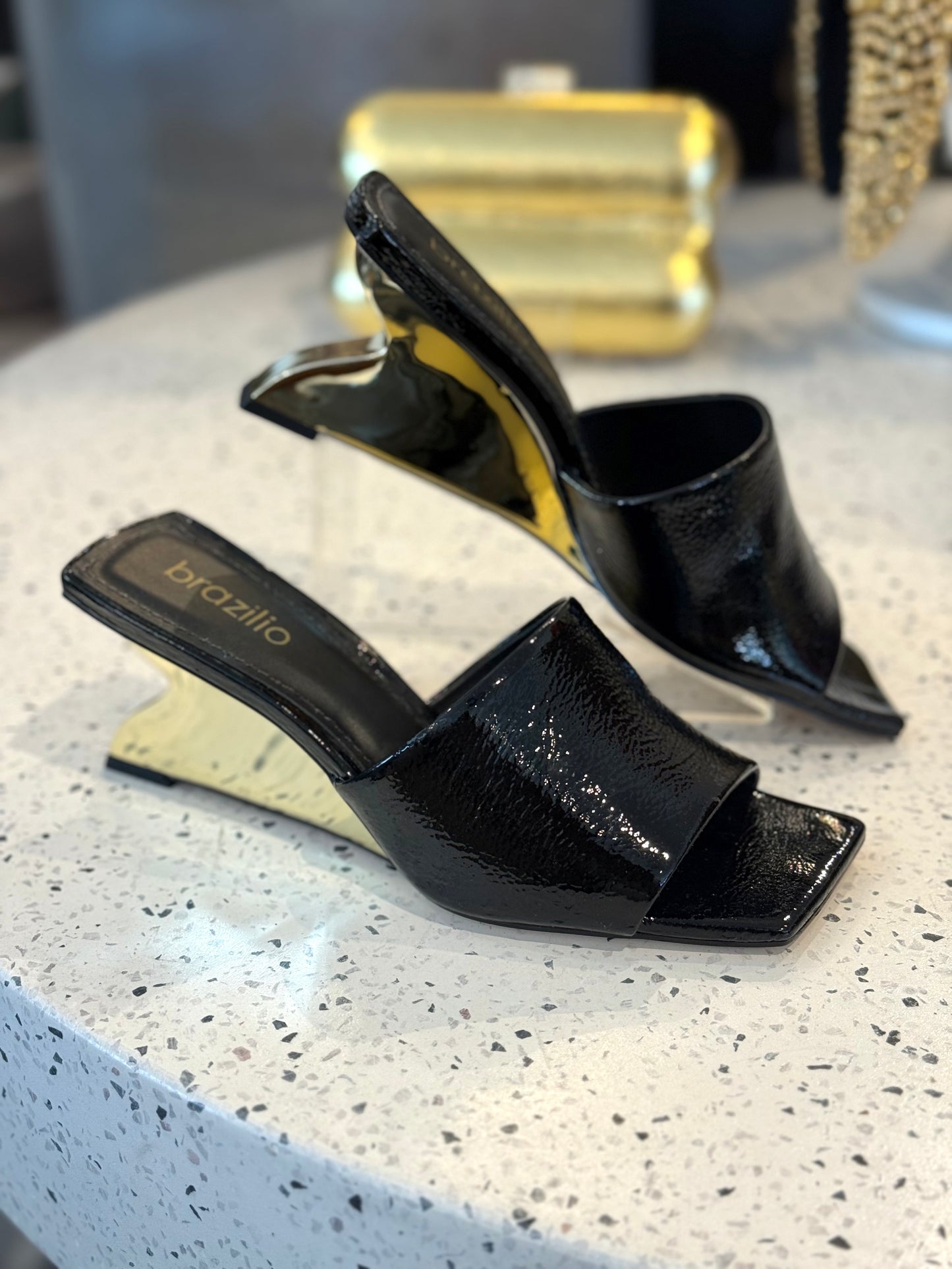 Brazilio Black Patent Gold Chrome Mule