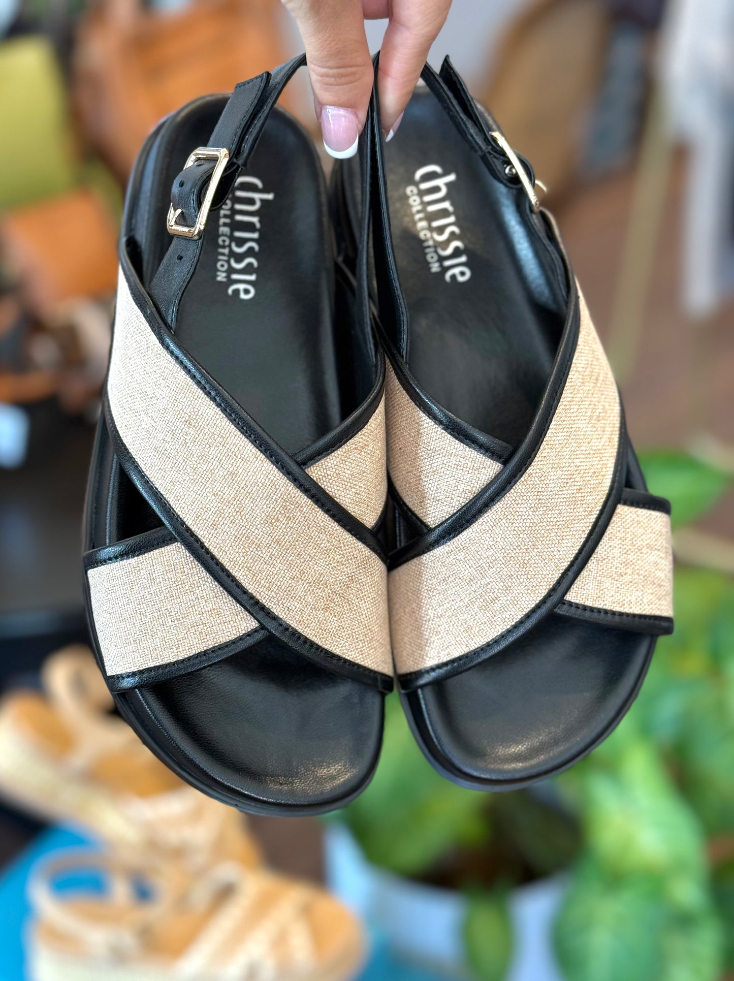 Chrissie Sunday Raffia & Black Leather Sandals