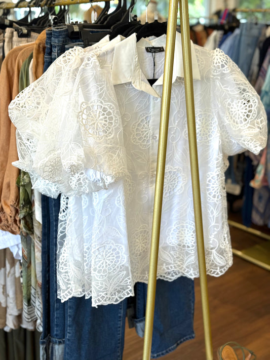 Lamore Embroidered White Puff Sleeve Top