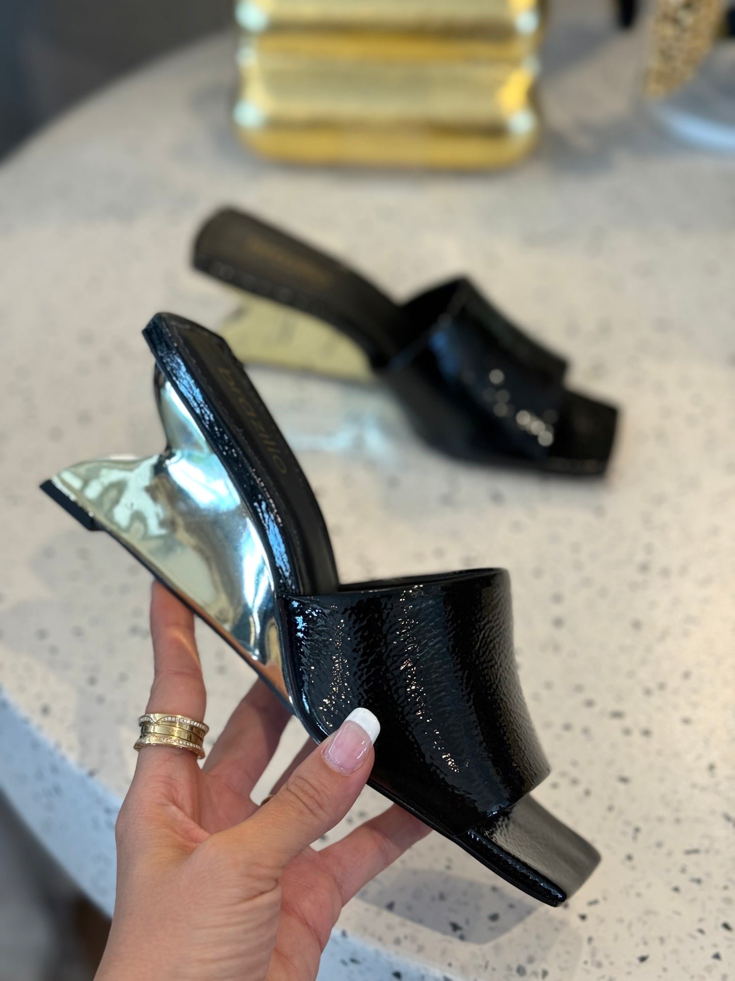 Brazilio Black Patent Gold Chrome Mule