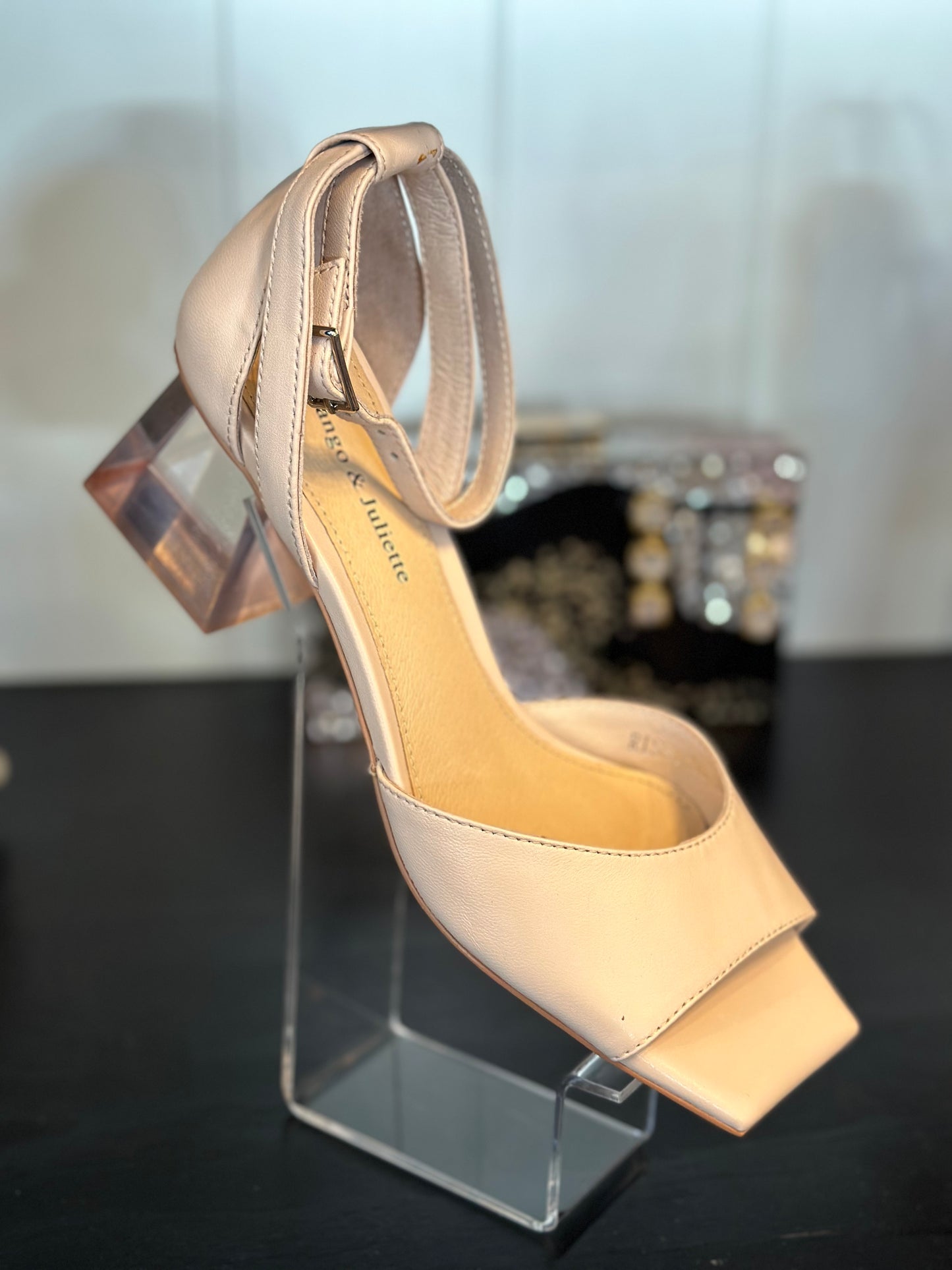 Django & Juliette Rissy Nude Leather Acrylic Heels