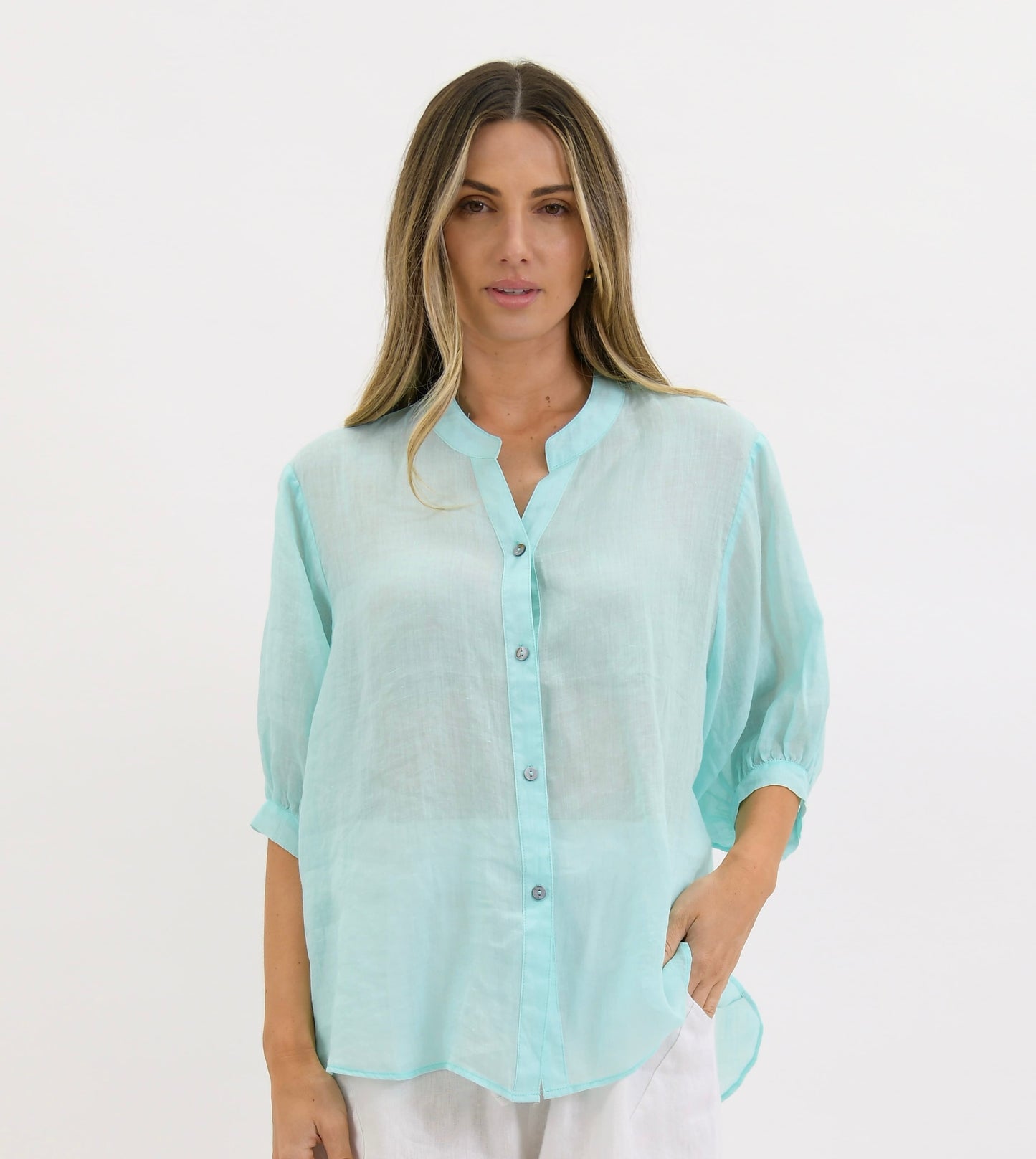 Worthier Aurora Fresh Mint Linen Button Shirt