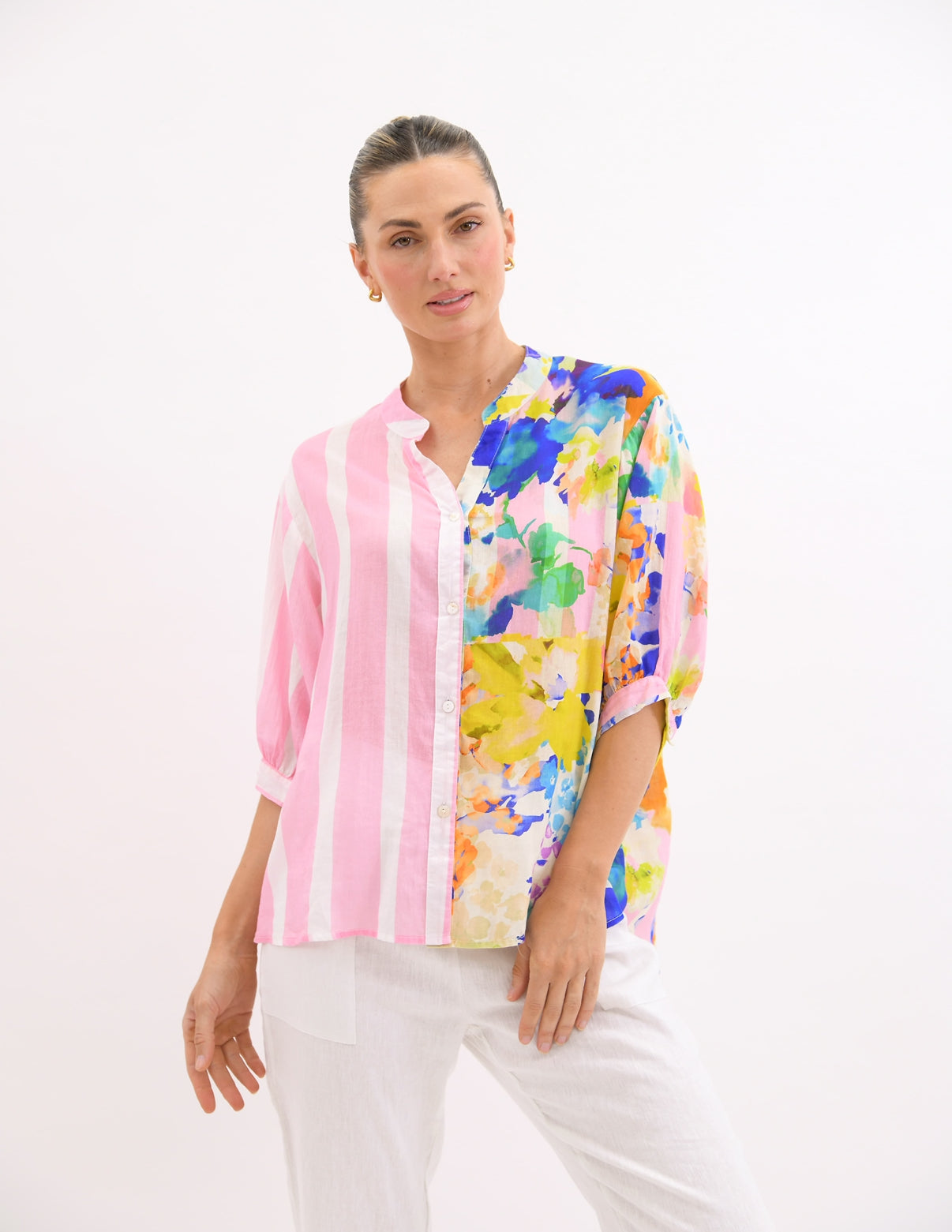 Worthier Lila Pink Stripe Floral Combo Linen Button Shirt