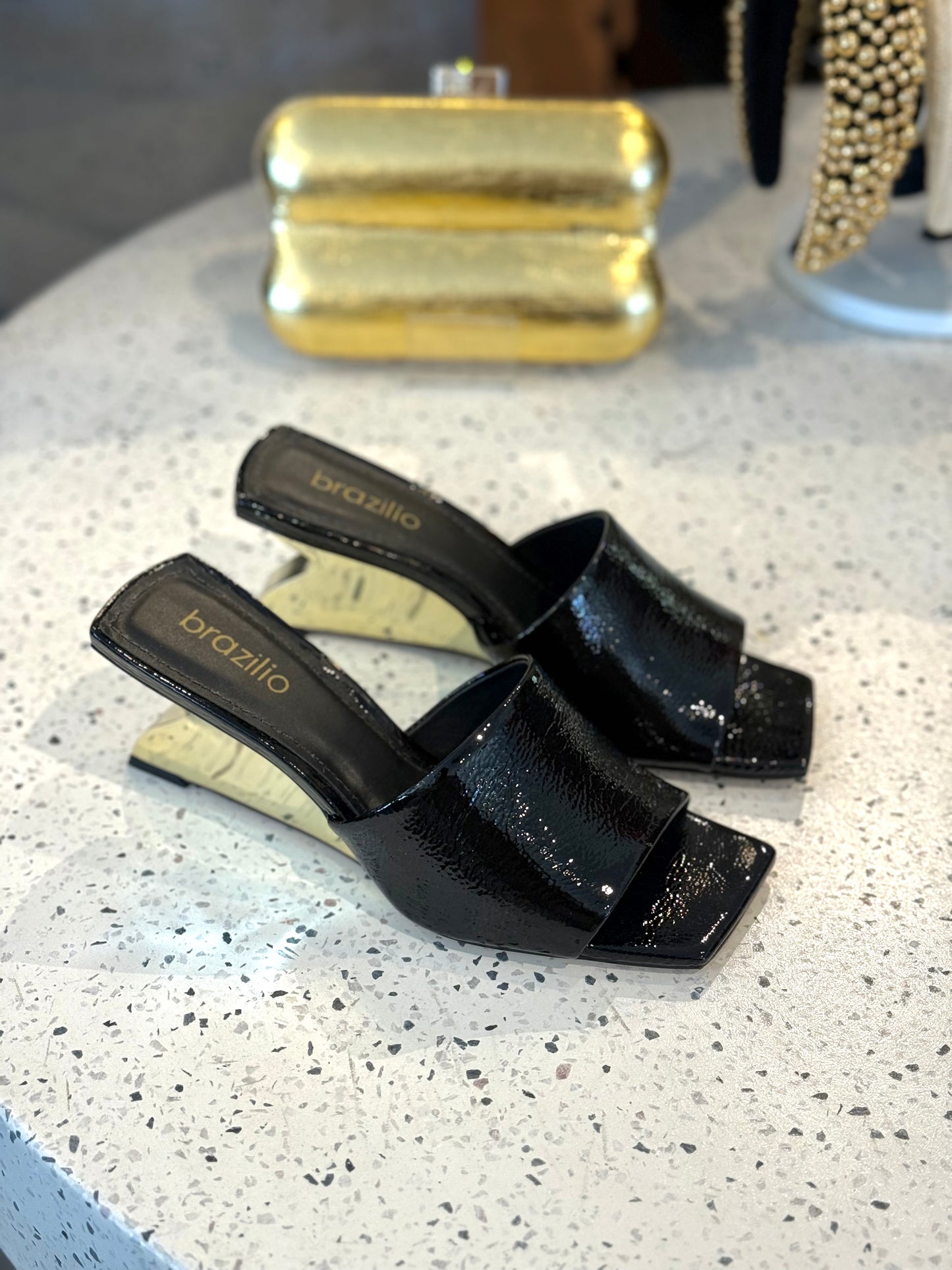 Brazilio Black Patent Gold Chrome Mule