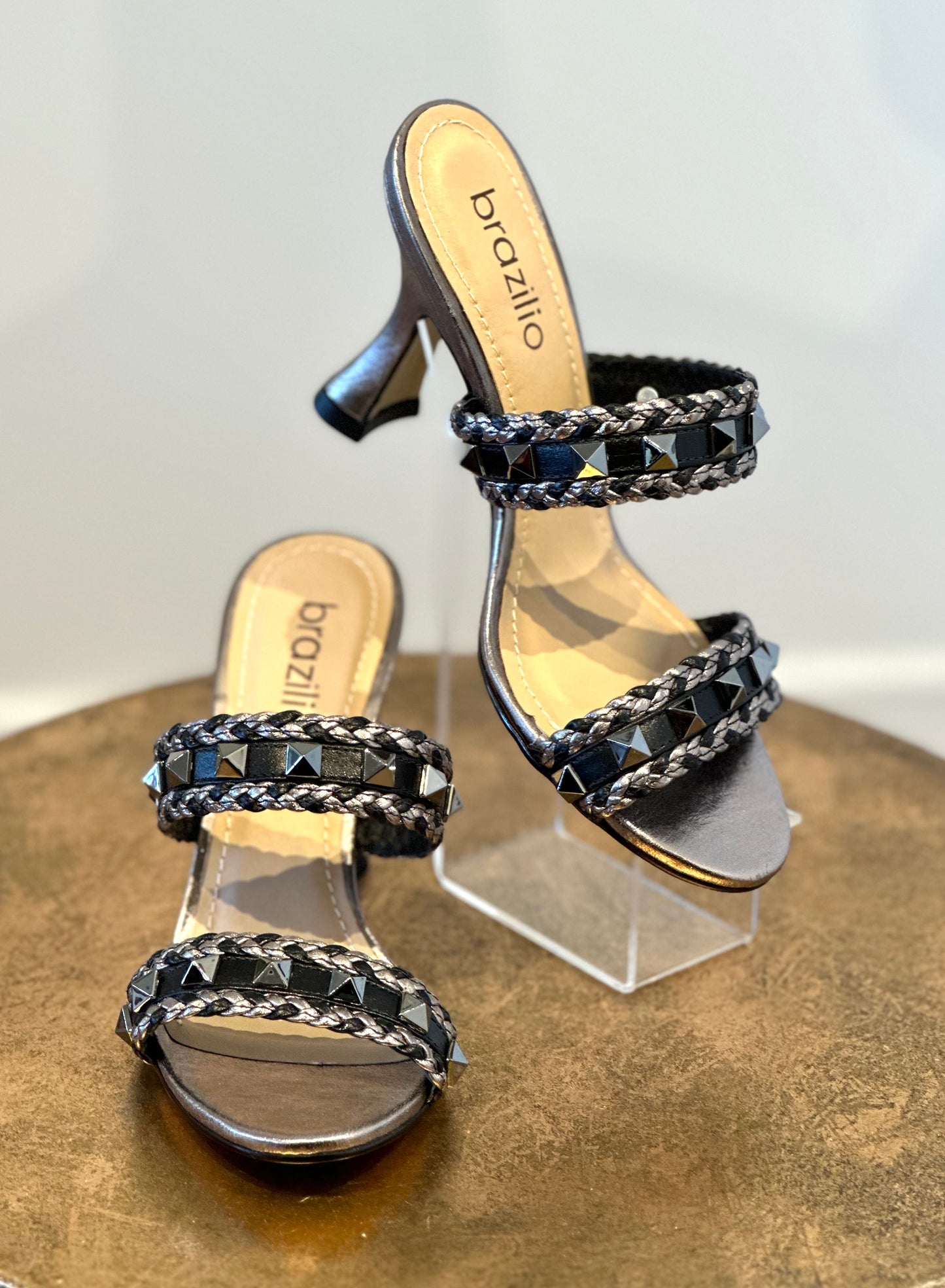 Brazilio Gun Metal Grey Studded Mules