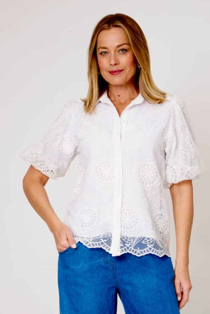 Lamore Embroidered White Puff Sleeve Top