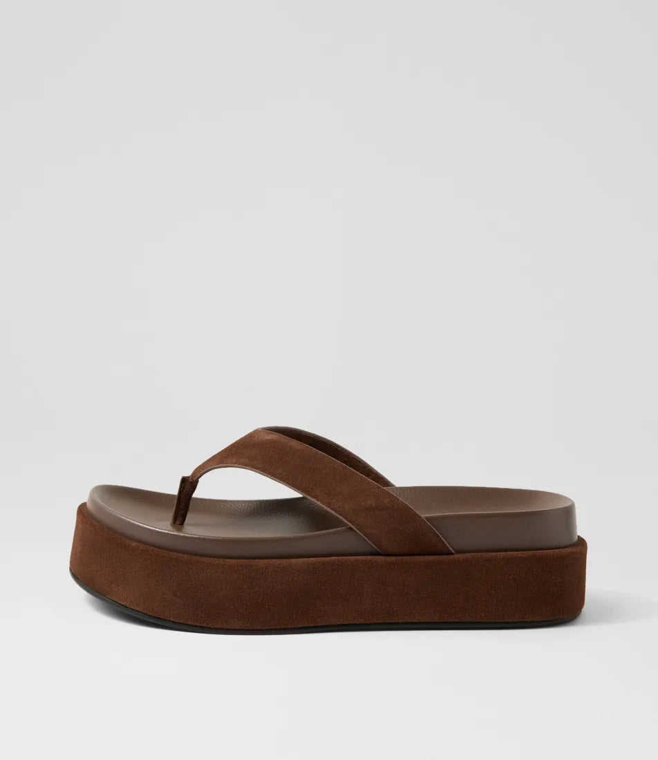 Mollini Tamarah Chocolate Suede Platform Thongs