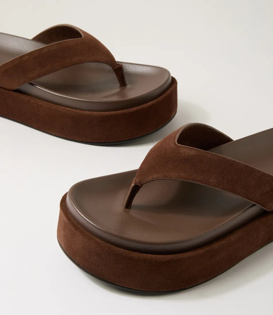 Mollini Tamarah Chocolate Suede Platform Thongs