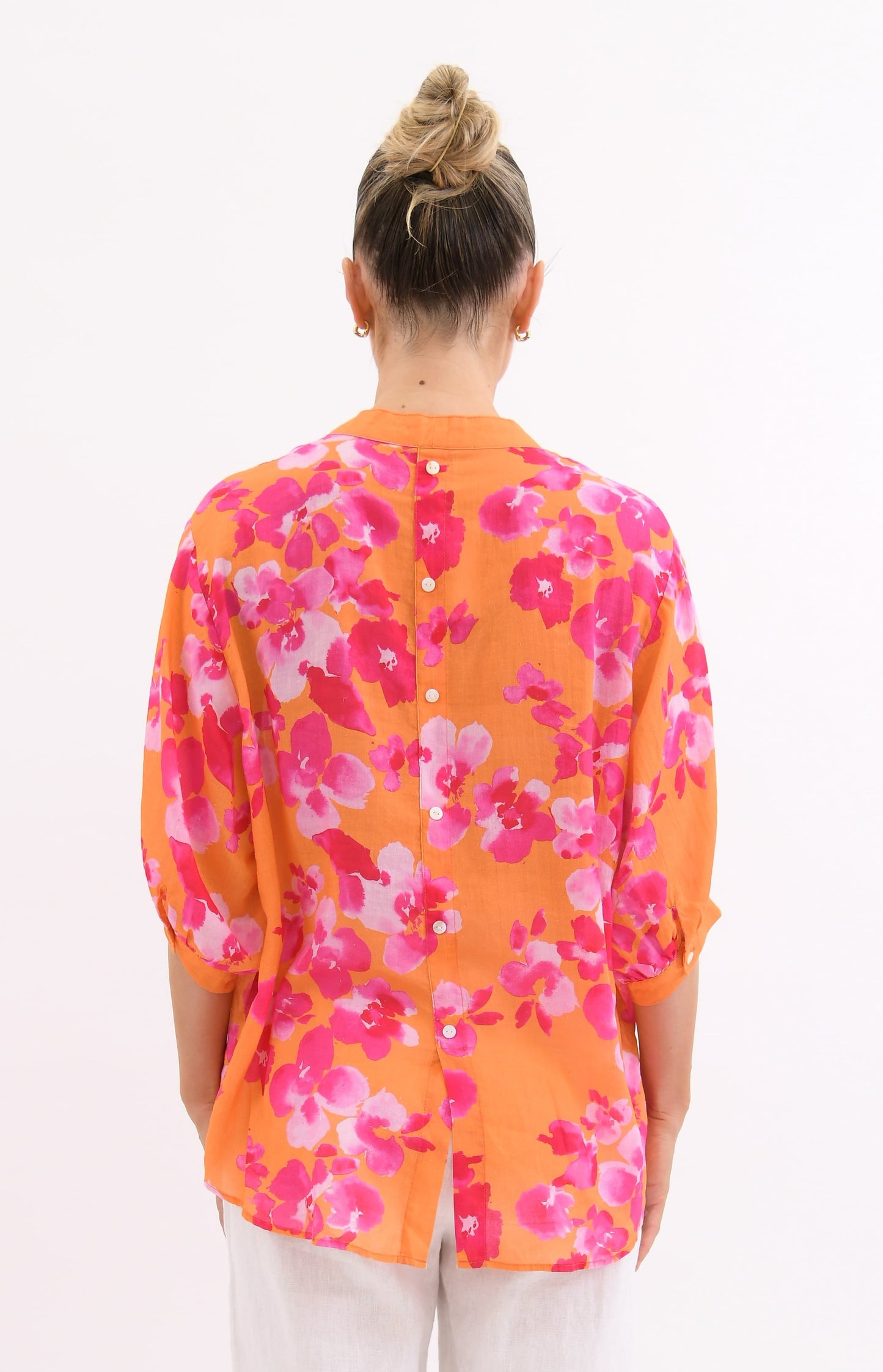 Worthier Lila Pink/Orange Floral Linen Button Shirt
