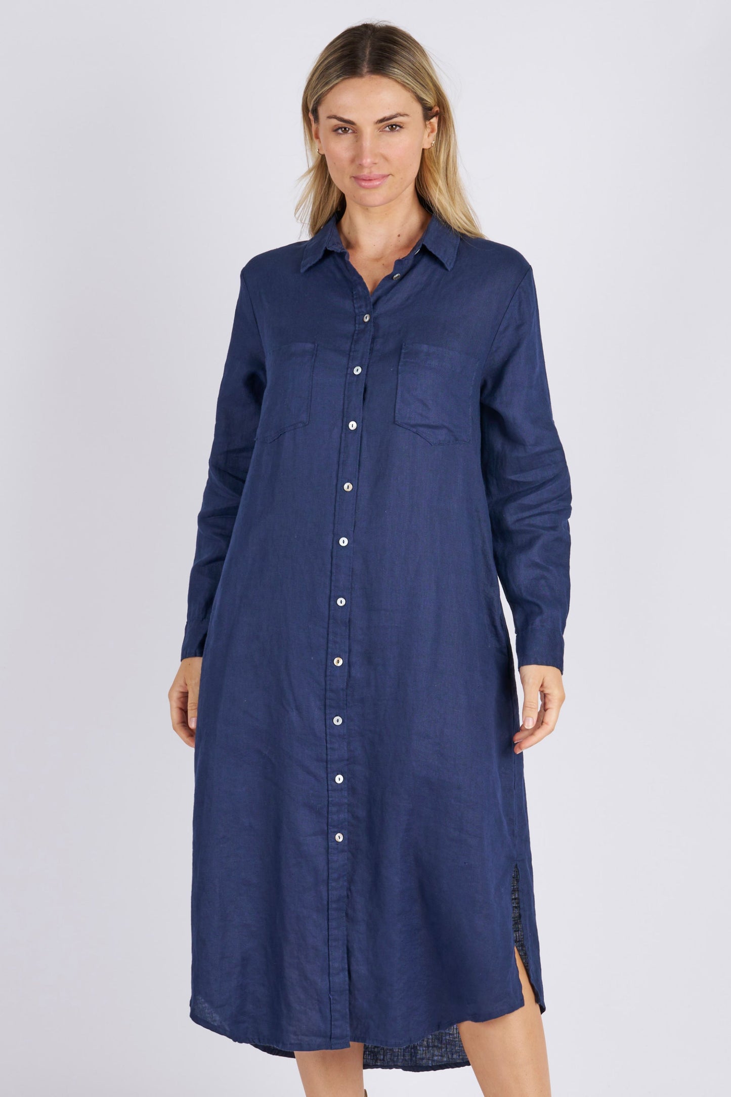 Worthier Miranda Navy Linen Shirt Dress