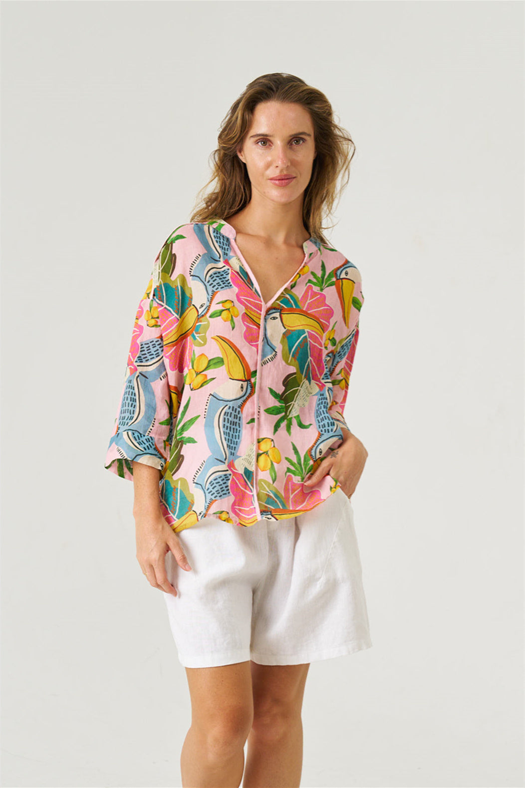 Worthier Toucan Print Linen Shirt