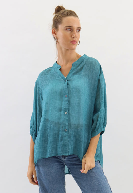 Worthier Aurora Teal Linen Button Shirt