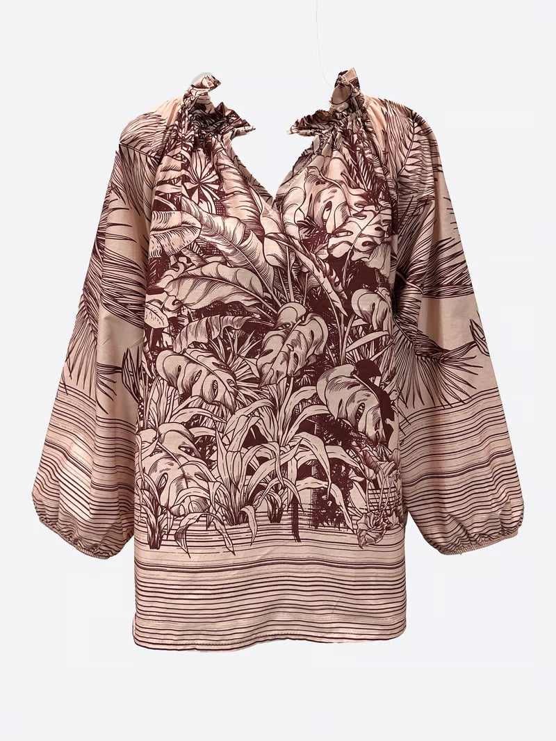 La Strada Peach/Maroon Print Cotton Blouse