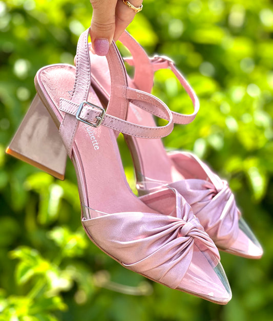 Django & Juliette Hivon Pink & Clear Satin Heels