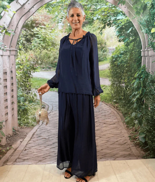 La Strada Navy Frill Neck Silk Blouse
