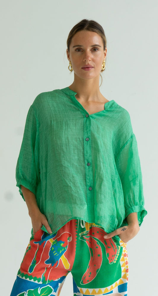 Worthier Aurora Spring Green Linen Button Shirt