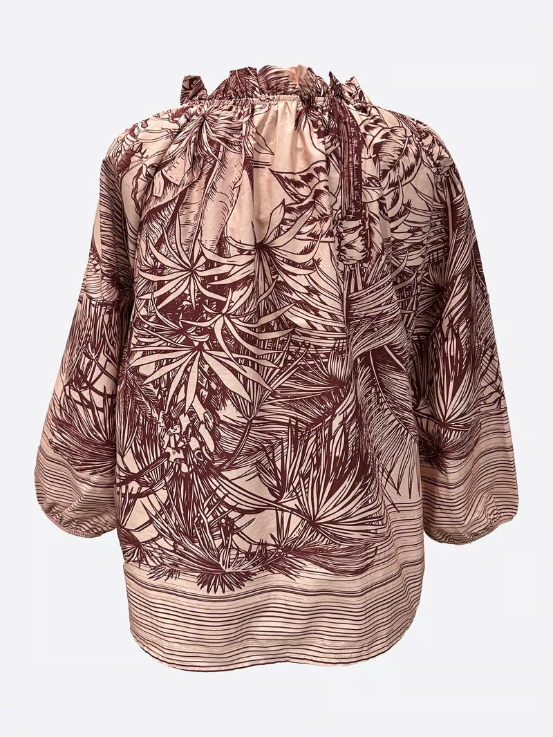 La Strada Peach/Maroon Print Cotton Blouse