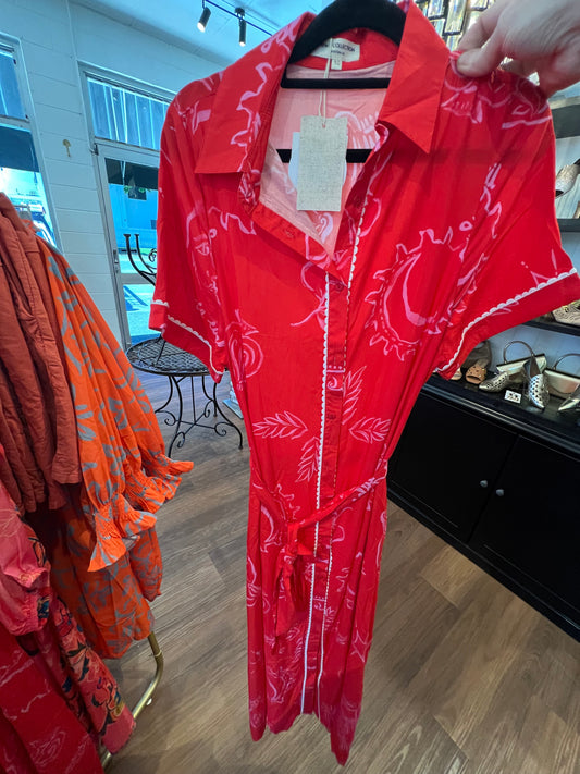 New U Collection Rita Dress with Belt - Red / Pink