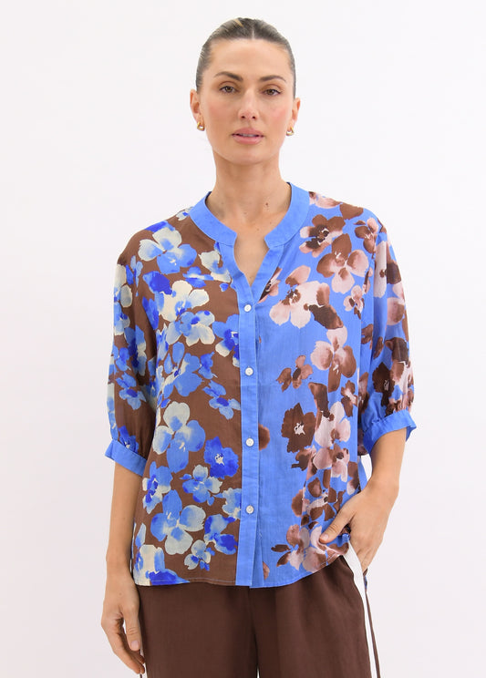 Worthier Lila Choc/Blue Floral Linen Button Shirt