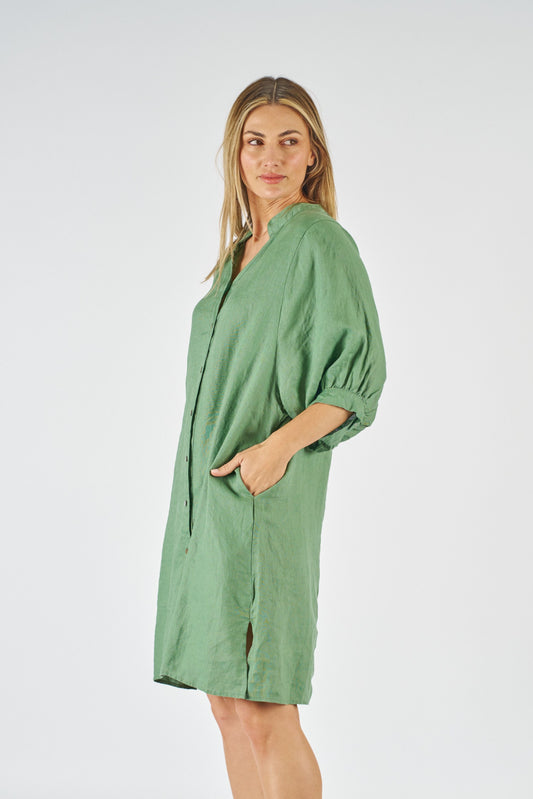 Worthier Green Linen Blend Midi Dress