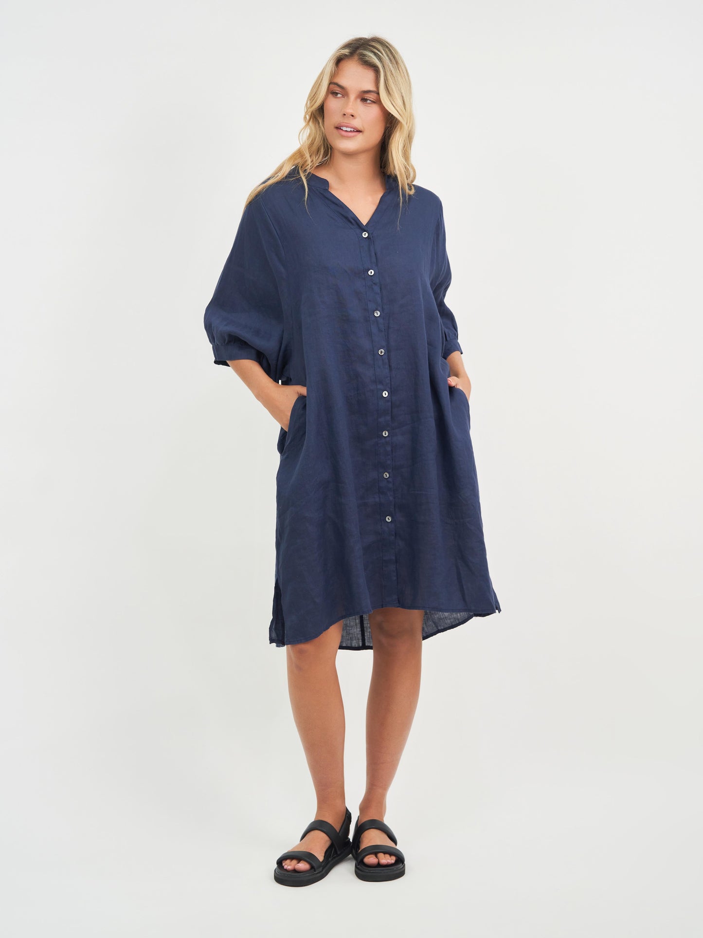 Worthier Navy Linen Blend Midi Dress