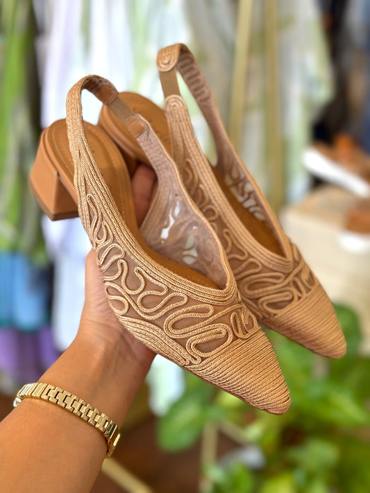 Velerio Conte Tan Embroidered Mesh Heels