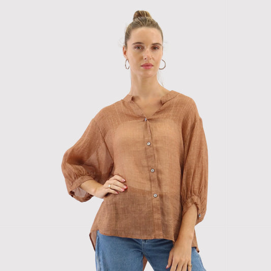 Worthier Aurora Terracotta Linen Button Shirt
