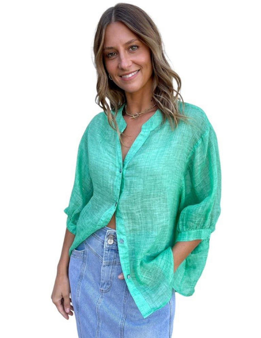 Worthier Aurora Spring Green Linen Button Shirt