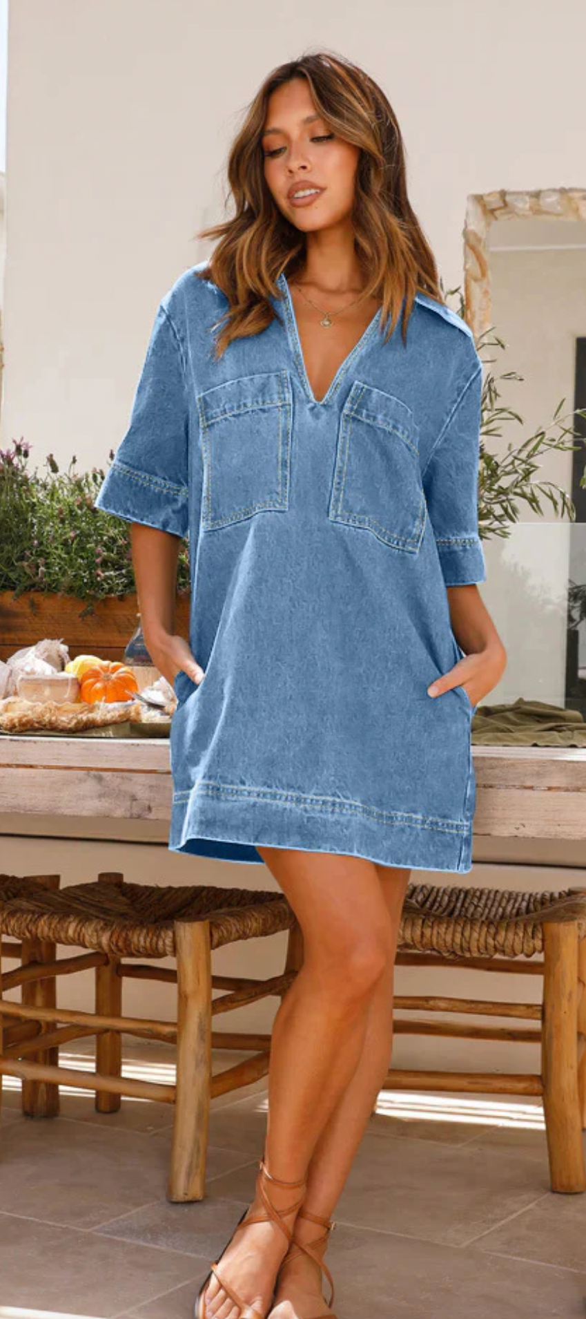Mutig Collared Pocketed Short Sleeve Denim Dress