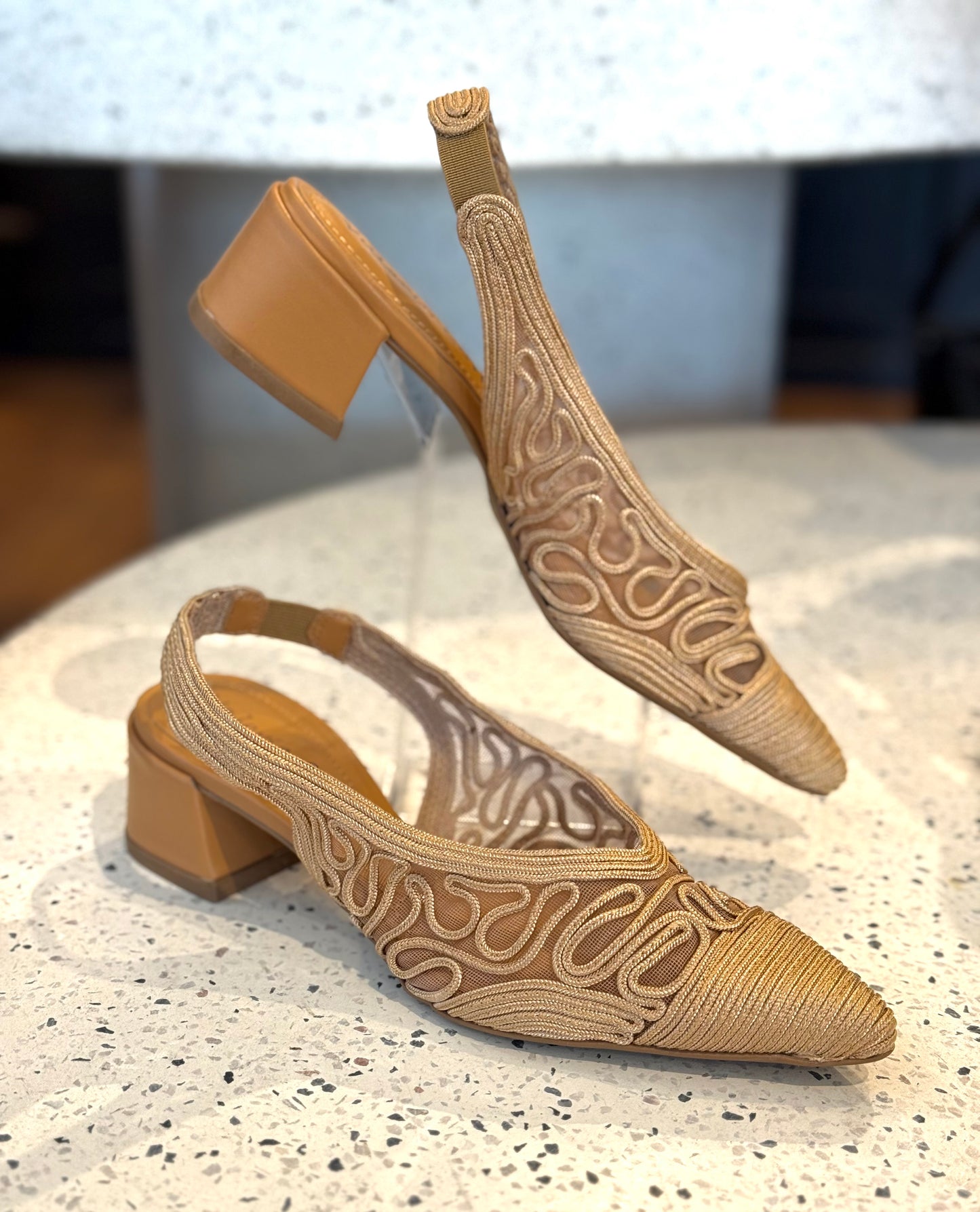 Velerio Conte Tan Embroidered Mesh Heels