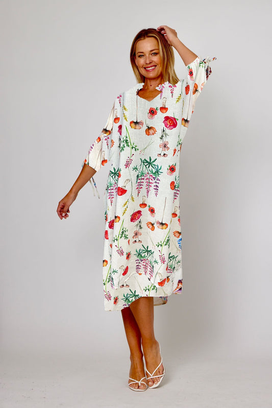 La Strada Cream Floral High Collar Gathered Neckline Dress