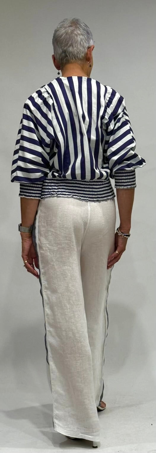 La Strada Navy Stripe Shirred Waist Top