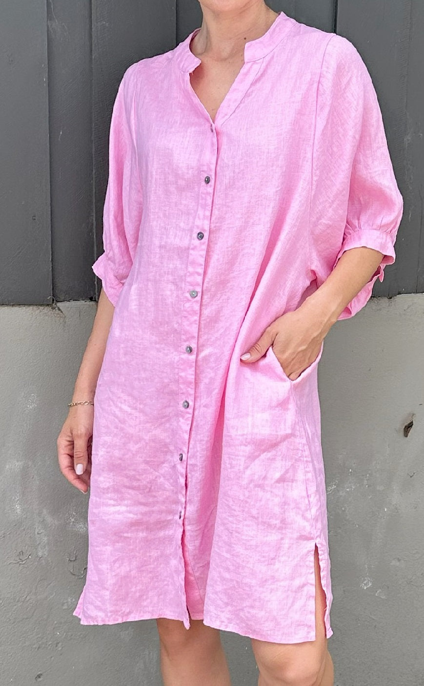 Worthier Candy Pink Linen Blend Midi Dress