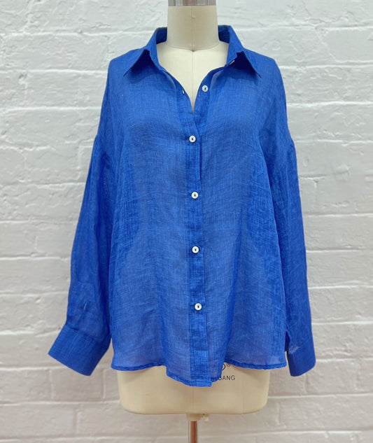 Worthier Annie Royal Blue Long Sleeve Linen Button Shirt