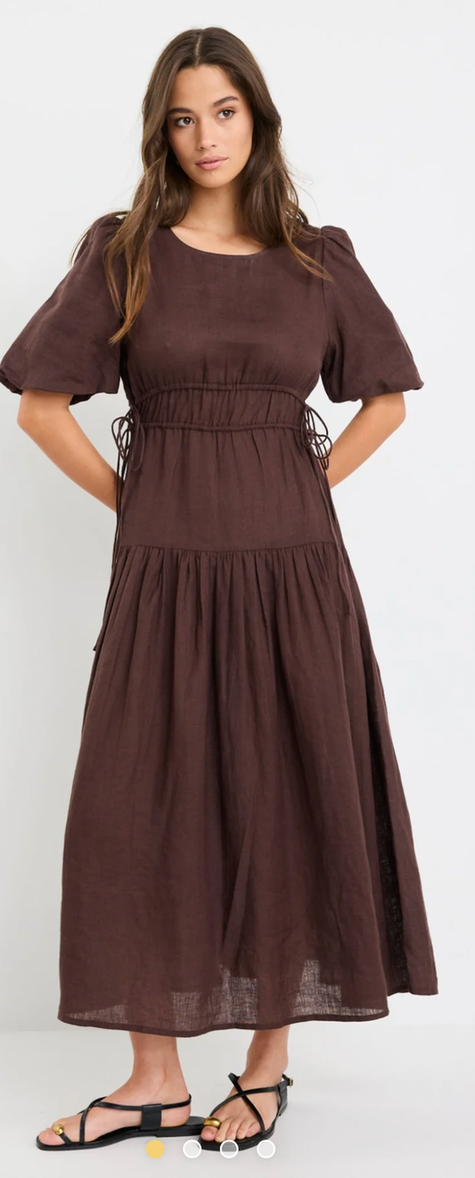 Among the Brave- Glory Chocolate Linen Puff Sleeve Mini Dress