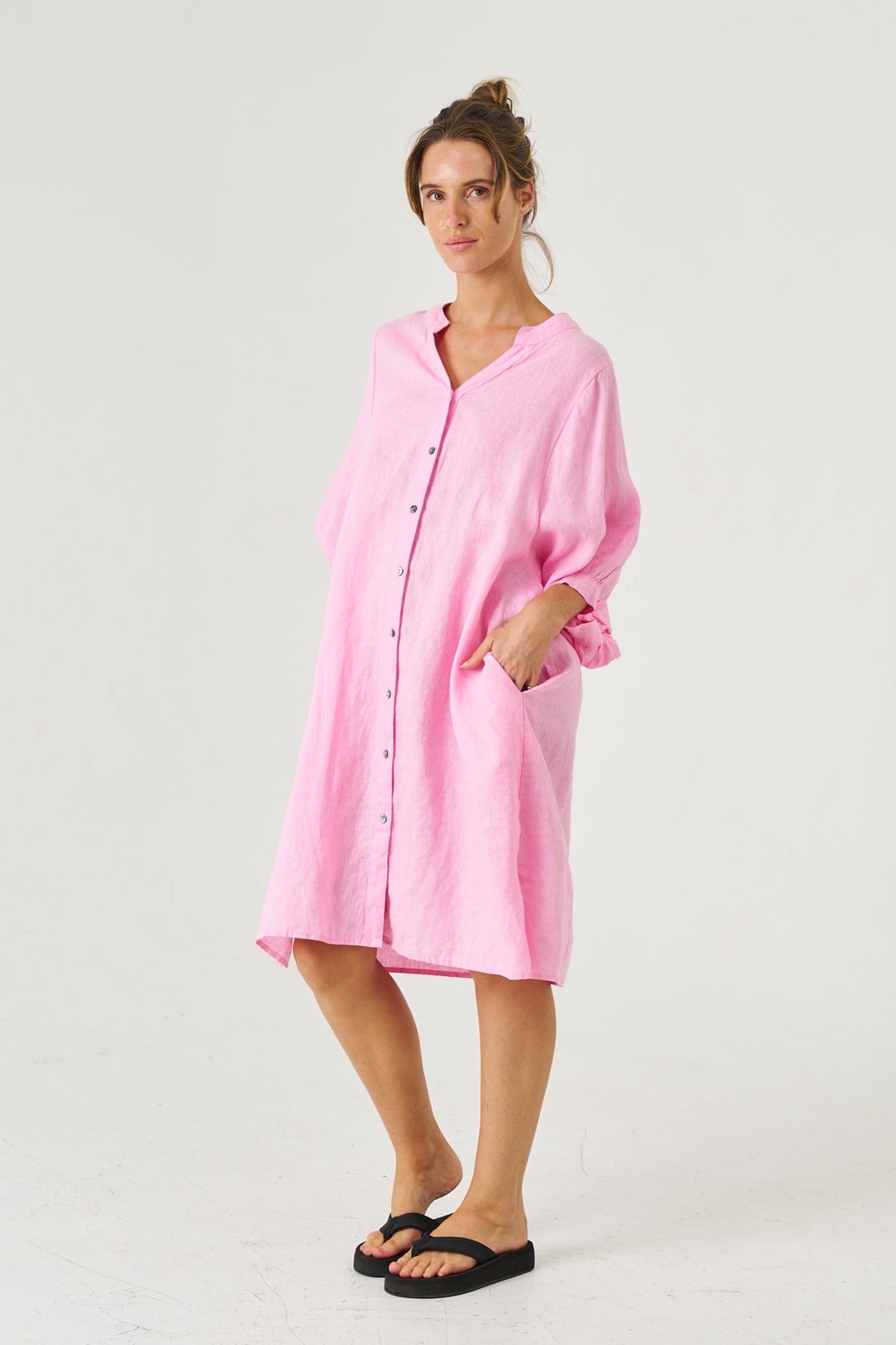 Worthier Candy Pink Linen Blend Midi Dress